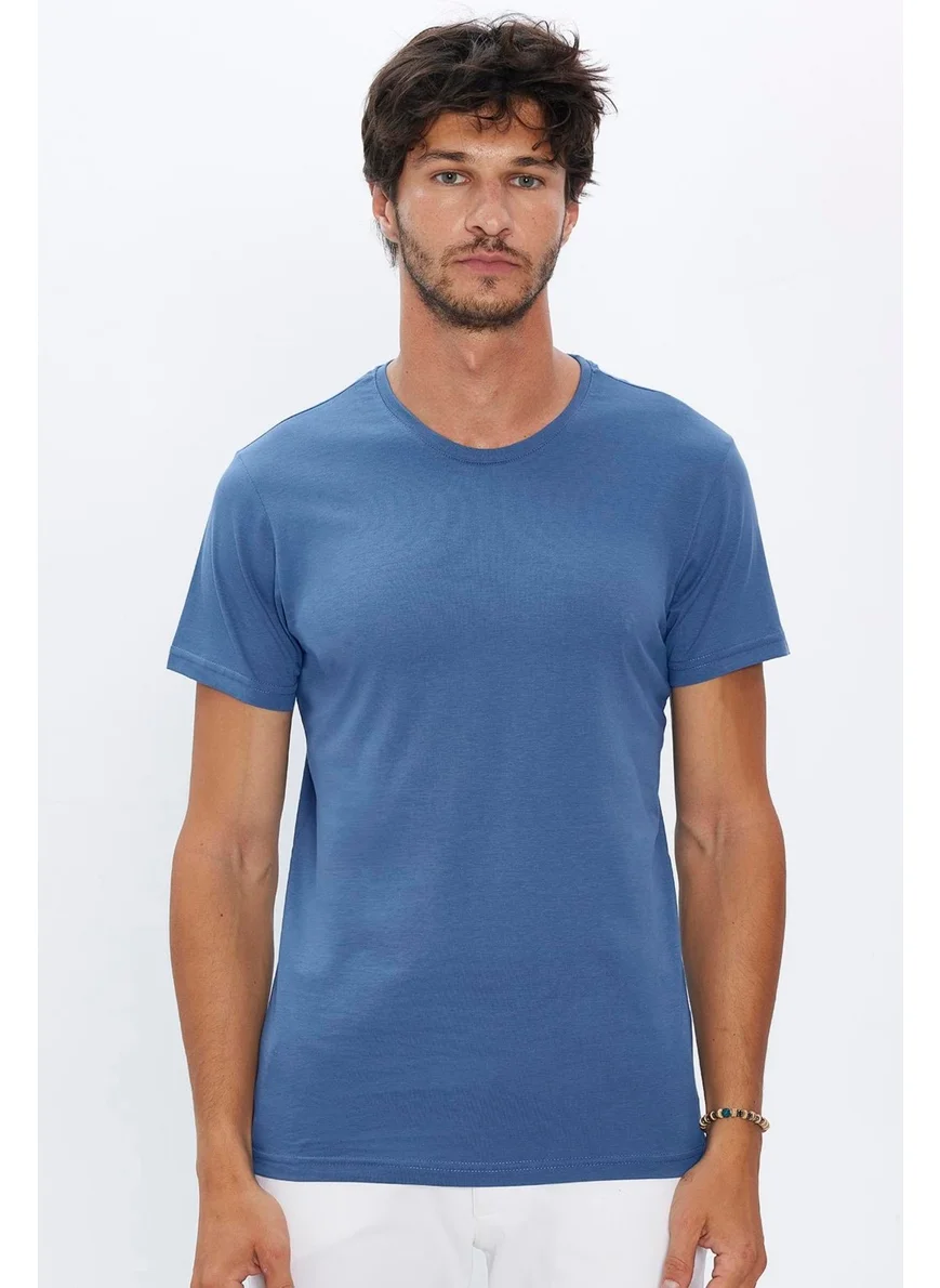 Tudors Men's Slim Fit Blue Crew Neck 100% Cotton Slim Cut Basic T-Shirt