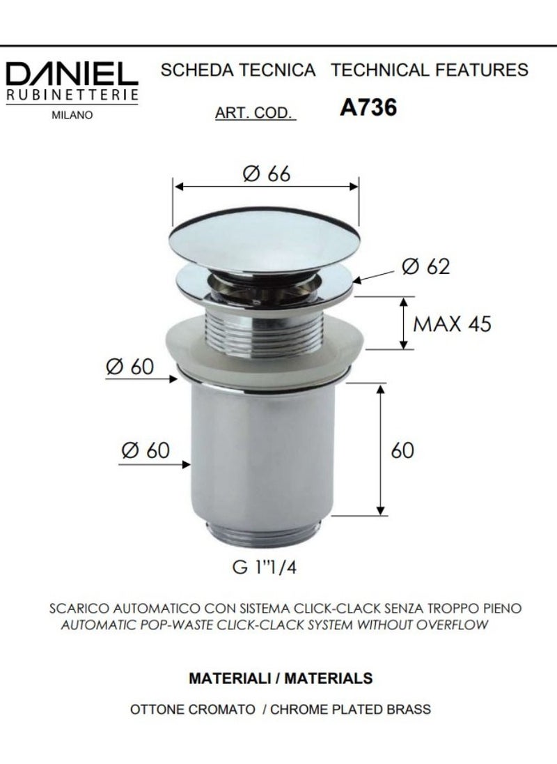 Daniel - Automatic pop-up waste 1”1/ 4 with Click clack system without overflow - Image 1
