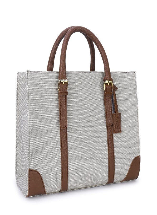 Walrus Oxford Series Grey Vegan Leather Women Satchel Handbag with Hook Closure | Grey Canvas with Brown Leather Trim | Secure Buckle Closure| Work & Everyday Use - Image 2