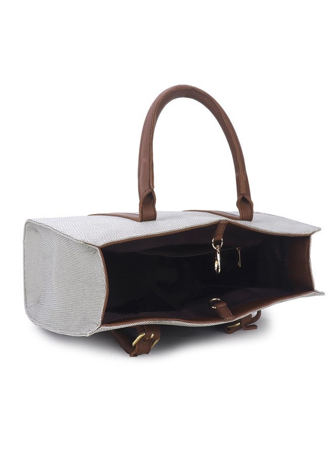 Walrus Oxford Series Grey Vegan Leather Women Satchel Handbag with Hook Closure | Grey Canvas with Brown Leather Trim | Secure Buckle Closure| Work & Everyday Use - Image 5
