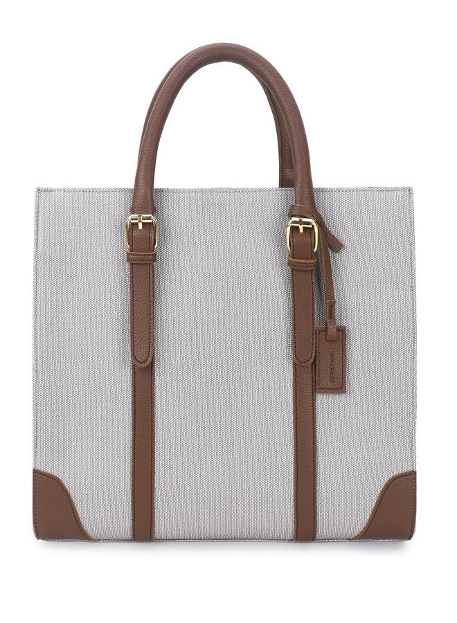 Walrus Oxford Series Grey Vegan Leather Women Satchel Handbag with Hook Closure | Grey Canvas with Brown Leather Trim | Secure Buckle Closure| Work & Everyday Use - Image 1