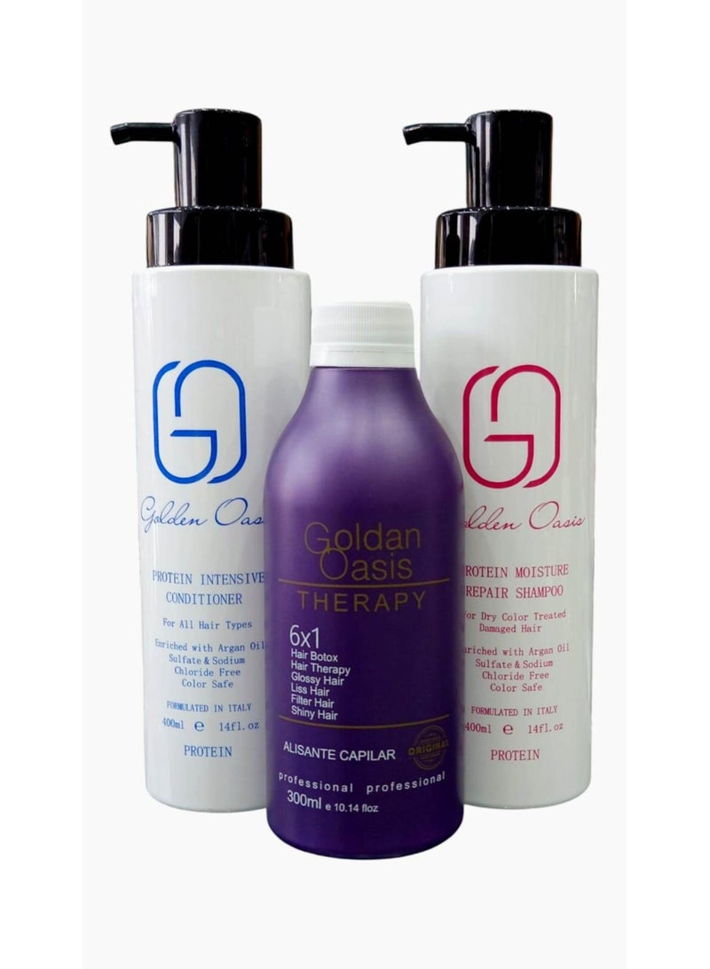 Golden Oasis Protein Therapy Liss Brazilian (6 x 1) 300ml + Shampoo 400ml + Conditioner 400ml for Post Protein Hair Care