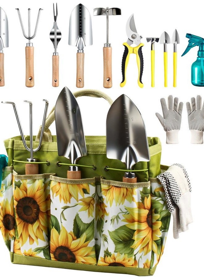 MOSFiATA Garden Tools Set, 12 Pieces Gardening Tools Comfortable Handle and Heavy Duty Hoe Rake Trowel Handle Tools, Transplanter Weeder Professional Pruner Sprayer Rope Kit with Organizer Bag - Image 1