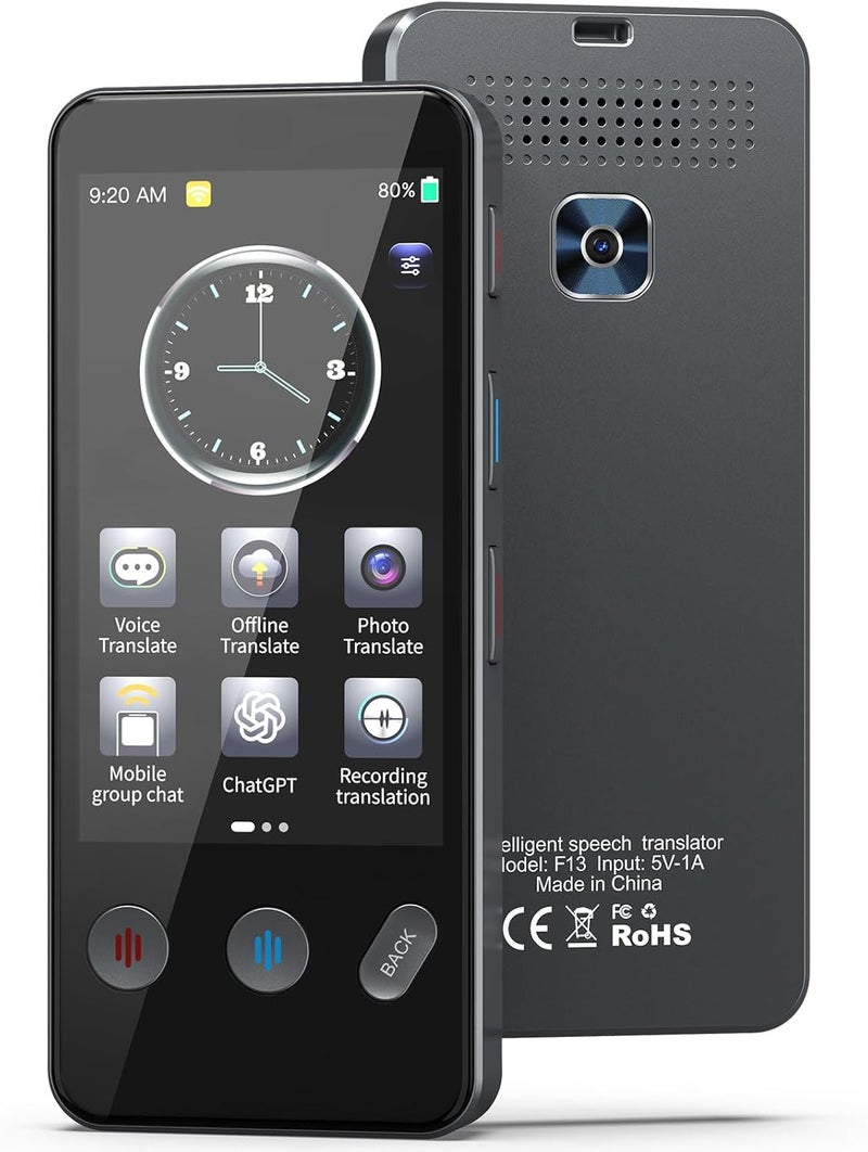 AI Translator Device with 139 Online Languages, 18 Offline Languages, 55 Online Image Translations, 23 Offline Image Translations, 13 Recording Translations, 3.2-inch IPS 480*854 Touch Display, 5-Megapixel Rear Camera, 1500mAh Rechargeable Battery, 4-Core Processor, 1GB+8GB Storage, 2.4G WIFI, Bluetooth, 8Ω/1.5W Speaker, Dual Microphones, Includes 1x Translator, 1x Manual, 1x Charging Cable - Image 1