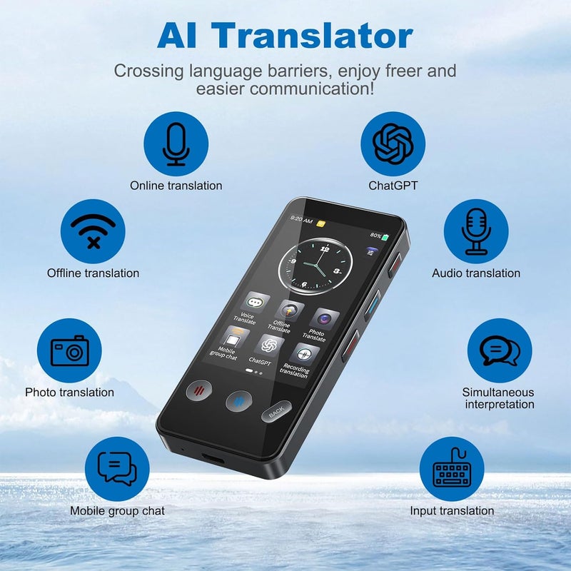 AI Translator Device with 139 Online Languages, 18 Offline Languages, 55 Online Image Translations, 23 Offline Image Translations, 13 Recording Translations, 3.2-inch IPS 480*854 Touch Display, 5-Megapixel Rear Camera, 1500mAh Rechargeable Battery, 4-Core Processor, 1GB+8GB Storage, 2.4G WIFI, Bluetooth, 8Ω/1.5W Speaker, Dual Microphones, Includes 1x Translator, 1x Manual, 1x Charging Cable - Image 2