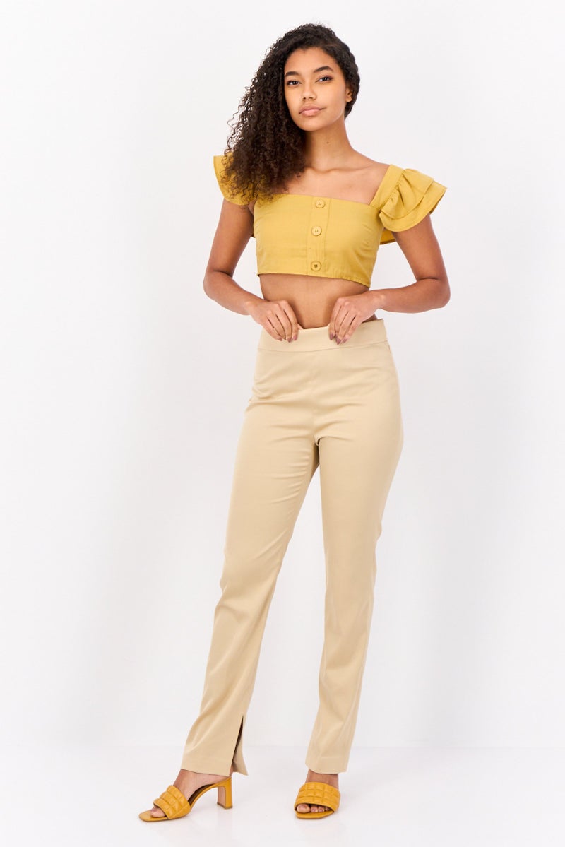 ESPRIT Women Regular Fit Solid Straight Leg Pants, Beige - Image 2