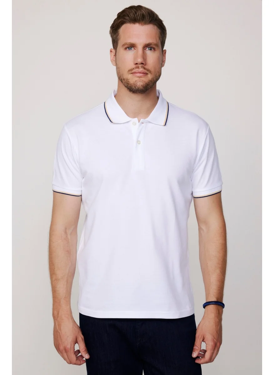 Tudors Men's Polo Neck Slim Fit Collar and Sleeve Striped Pique White T-Shirt