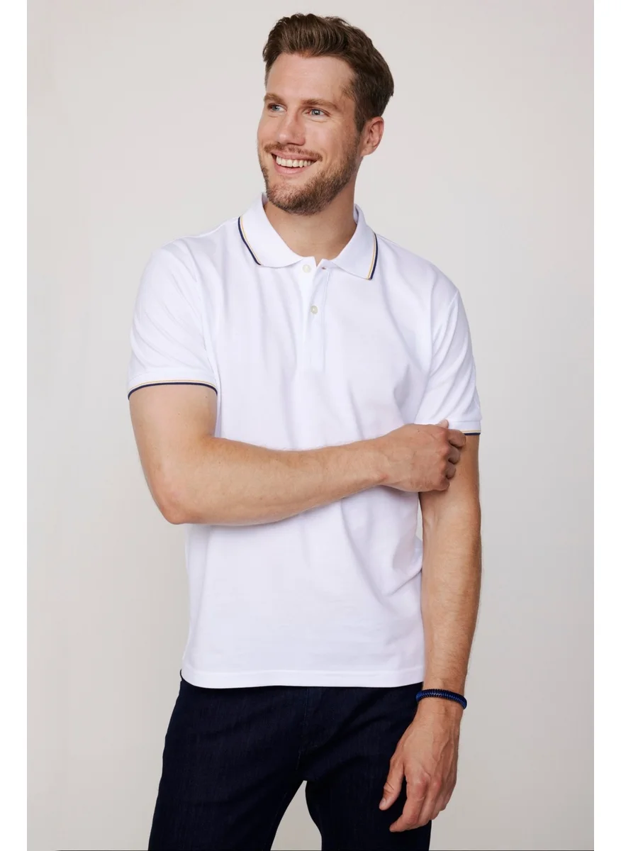 Tudors Men's Polo Neck Slim Fit Collar and Sleeve Striped Pique White T-Shirt