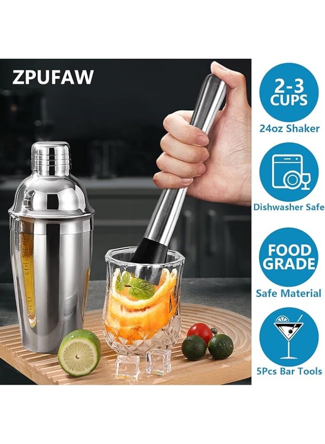 ZPUFAW 5-Piece Cocktail Shaker Set 24oz Shaker Strainer Jigger T-Mixing Spoon Pour Spout Bartender Kit Stainless Steel Bar Set Housewarming Gift - Image 4