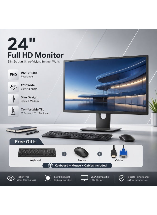 24-Inch Full HD Slim Monitor, 1920 × 1080, HDMI and VGA, 178° Viewing Angle, VESA 100 × 100 mm, Keyboard, Mouse and Cables Included - Image 1