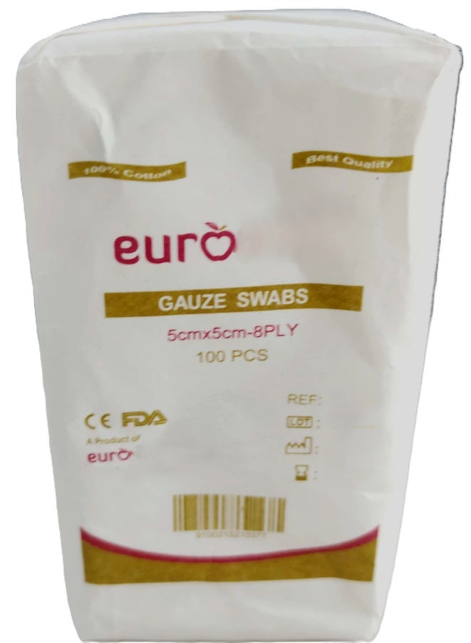 Euro Sterile Gauze Swabs 5cm x 5cm – 8 Ply, 100 Pieces – Medical Wound Dressing Pads