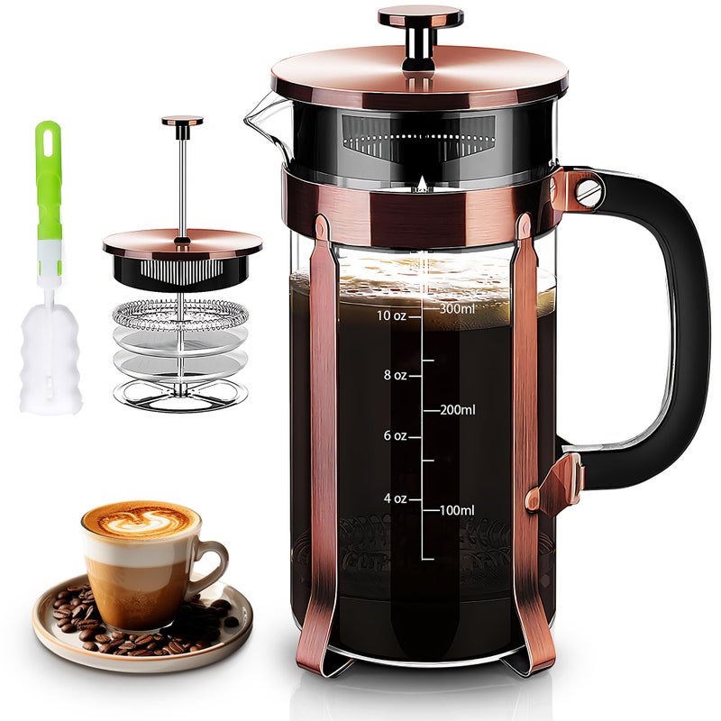 YMMIND French Press Coffee Maker 304 Stainless Steel Coffee Presswith 4 Filters System Heat Resistant Thickness Borosilicate French Press Glass BPAFree Brewed Tea Pot Coffee PlungerCopper 12oz
