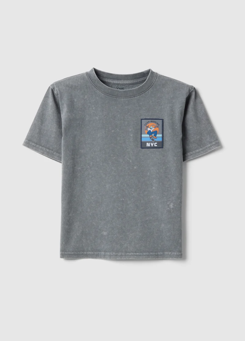 او في اس Ovs Children'S Grey Pure Cotton T-Shirt Regular Fit With Patch