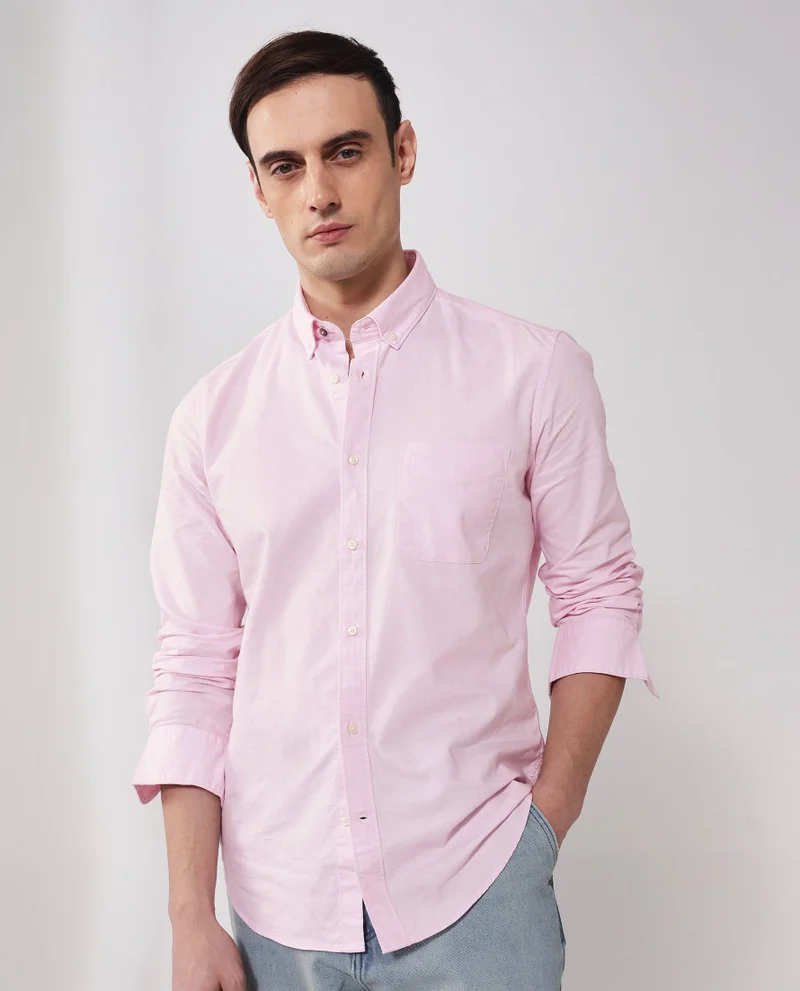 Rare Rabbit Rare Rabbit Men's Auxfo Light Pink Cotton Fabric Full Sleeves Solid Shirt