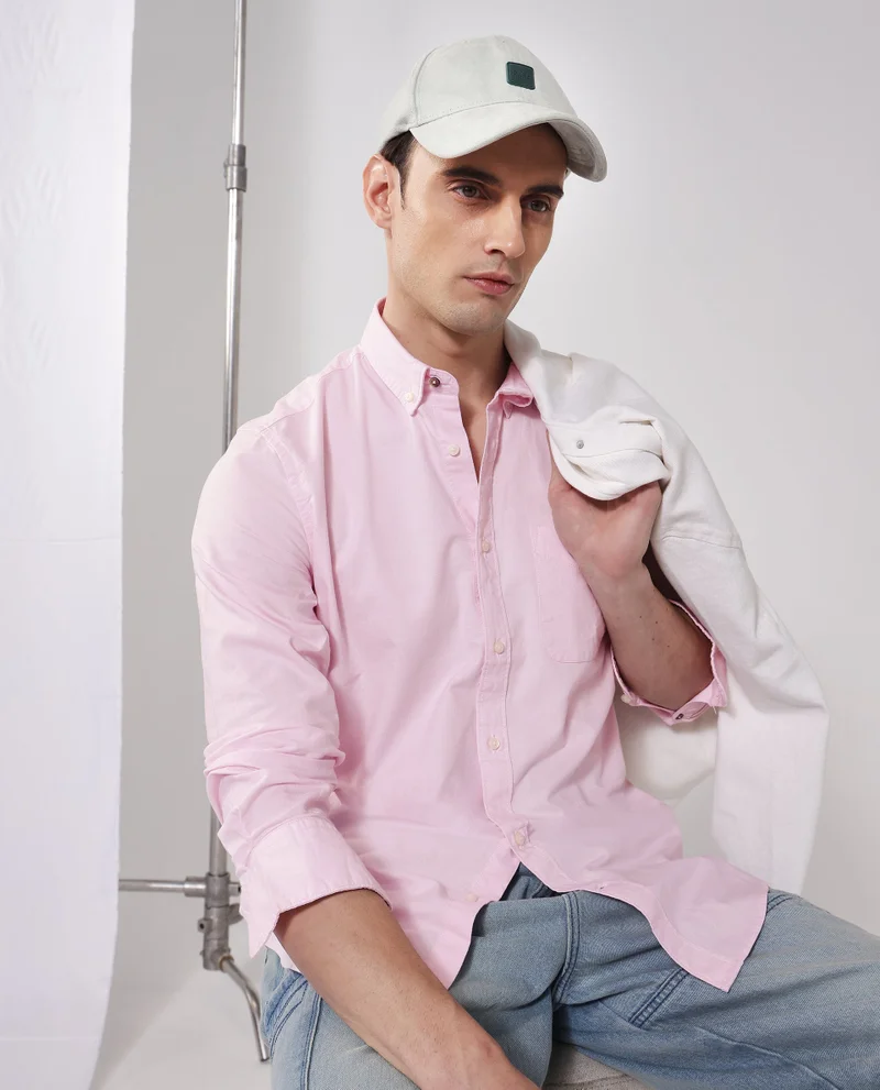 Rare Rabbit Rare Rabbit Men's Auxfo Light Pink Cotton Fabric Full Sleeves Solid Shirt