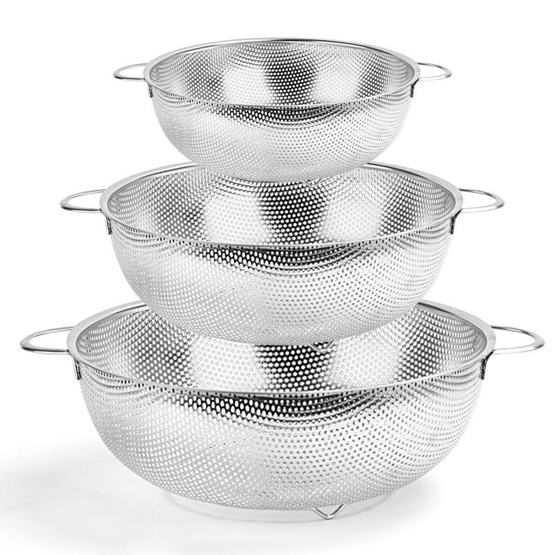 HaWare Colander Set of 3 Stainless Steel Colanders with Handle Metal Colander Perforated Strainer for Kitchen PastaVegetableRiceFruitFood  Dishwasher Safe 162228 cm