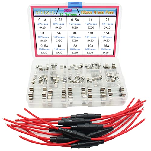 XFFCSEC Fuse Holder Kit:10pcs 18 AWG Screw Type 5X20 Inline Fuse Holder + 150pcs Quick Blow 250V Fuse 0.1A,0.2A,0.5A,1A,2A,3A,5A,8A,10A,15A,5x20mm, 0.5A,1A,5A,10A,15A,6x30mm - Image 1