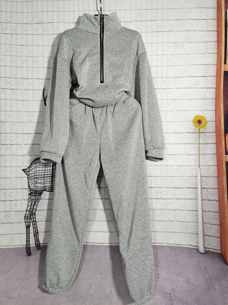 2023 autumn and winter European and American womens clothing Amazon two-piece sweater Fleece Sports street fashion casual suit Light gray