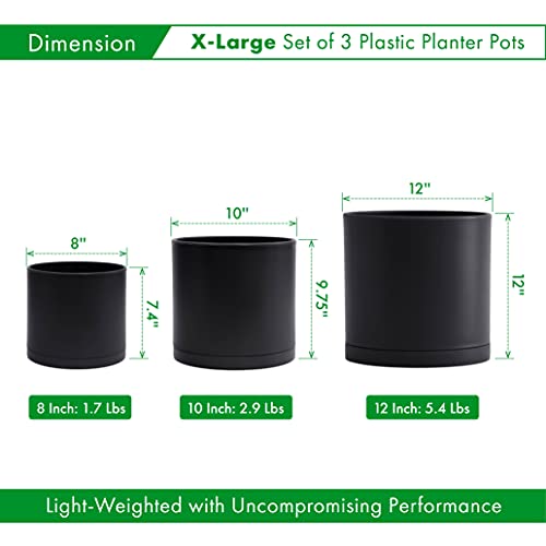 D'vine Dev 8 Inch 10 Inch 12 Inch, Set of 3 Plastic Planter Pots for Plants with Drainage Hole and Seamless Saucers, Black Color, X-Large, 74-V-B-5 - Image 2
