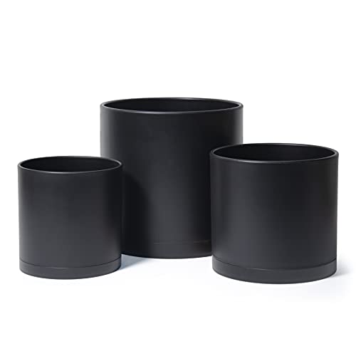 D'vine Dev 8 Inch 10 Inch 12 Inch, Set of 3 Plastic Planter Pots for Plants with Drainage Hole and Seamless Saucers, Black Color, X-Large, 74-V-B-5 - Image 1