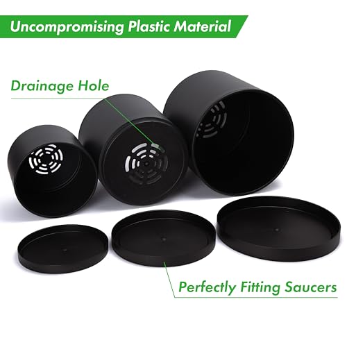 D'vine Dev 8 Inch 10 Inch 12 Inch, Set of 3 Plastic Planter Pots for Plants with Drainage Hole and Seamless Saucers, Black Color, X-Large, 74-V-B-5 - Image 4