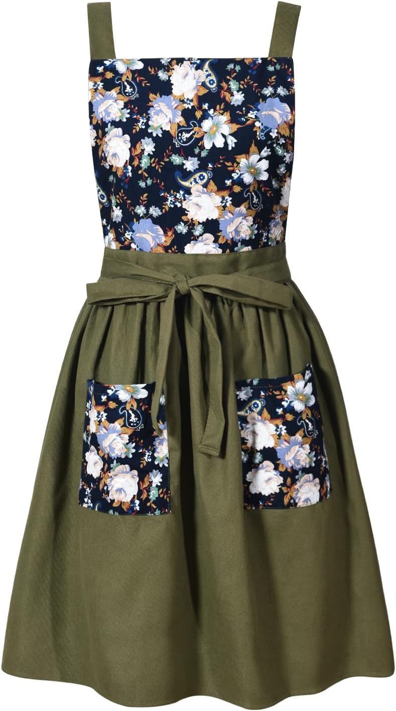 Pinknoke Vintage Pinafore Apron Dress for Women with Pockets Cute Floral Chef Aprons for Kitchen Cooking Baking Gardening - Image 1