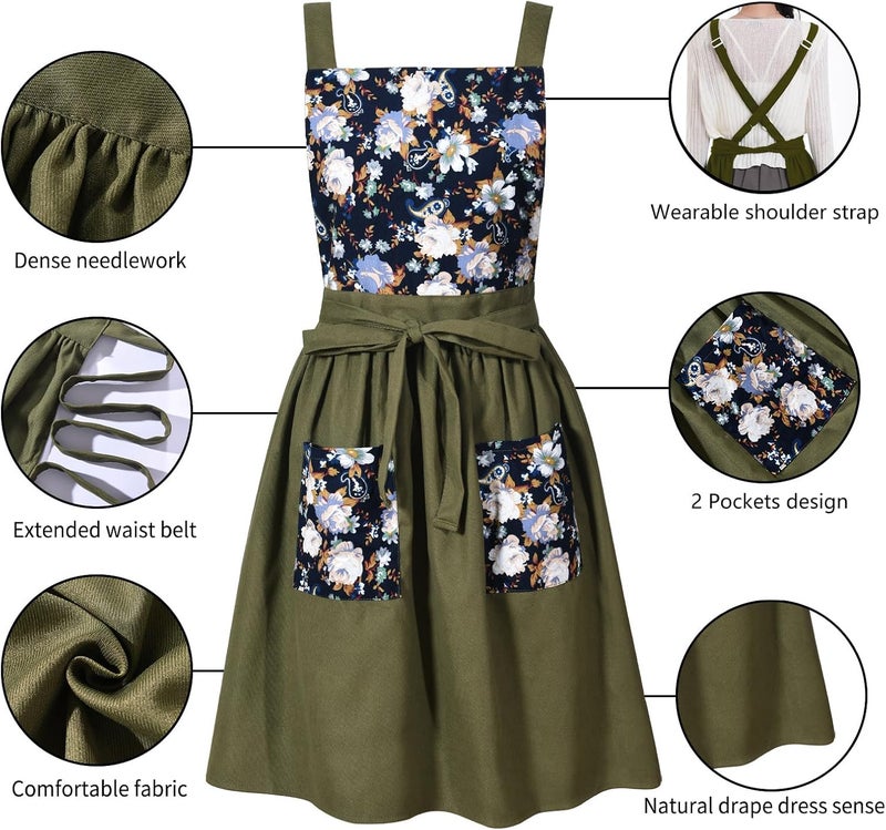 Pinknoke Vintage Pinafore Apron Dress for Women with Pockets Cute Floral Chef Aprons for Kitchen Cooking Baking Gardening - Image 5