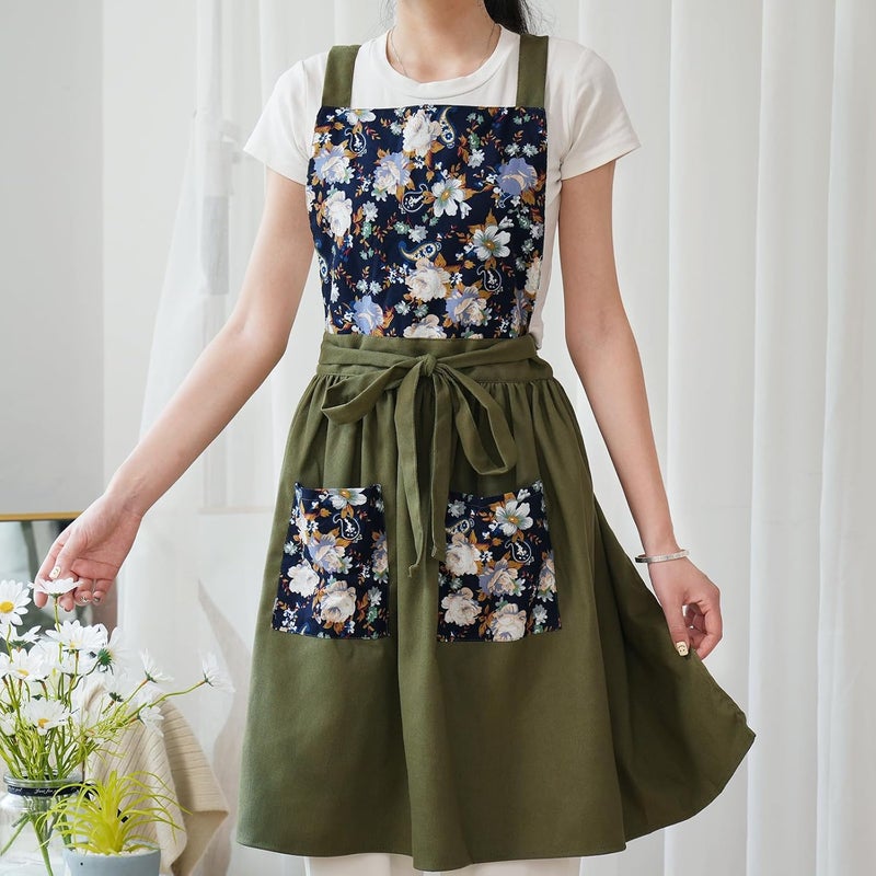 Pinknoke Vintage Pinafore Apron Dress for Women with Pockets Cute Floral Chef Aprons for Kitchen Cooking Baking Gardening - Image 3