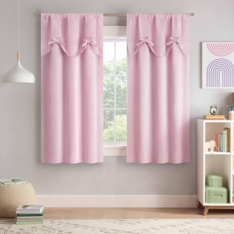 Eclipse Kids Blackout Curtain  Kids Curtain with Bow Tie Up Valance  63 in x 40 in  Thermaback 100% Blackout Curtain with Rod Pocket Header  Curtain for Kids Room or Playroom  1 Window Curtain  Pink - Image 1