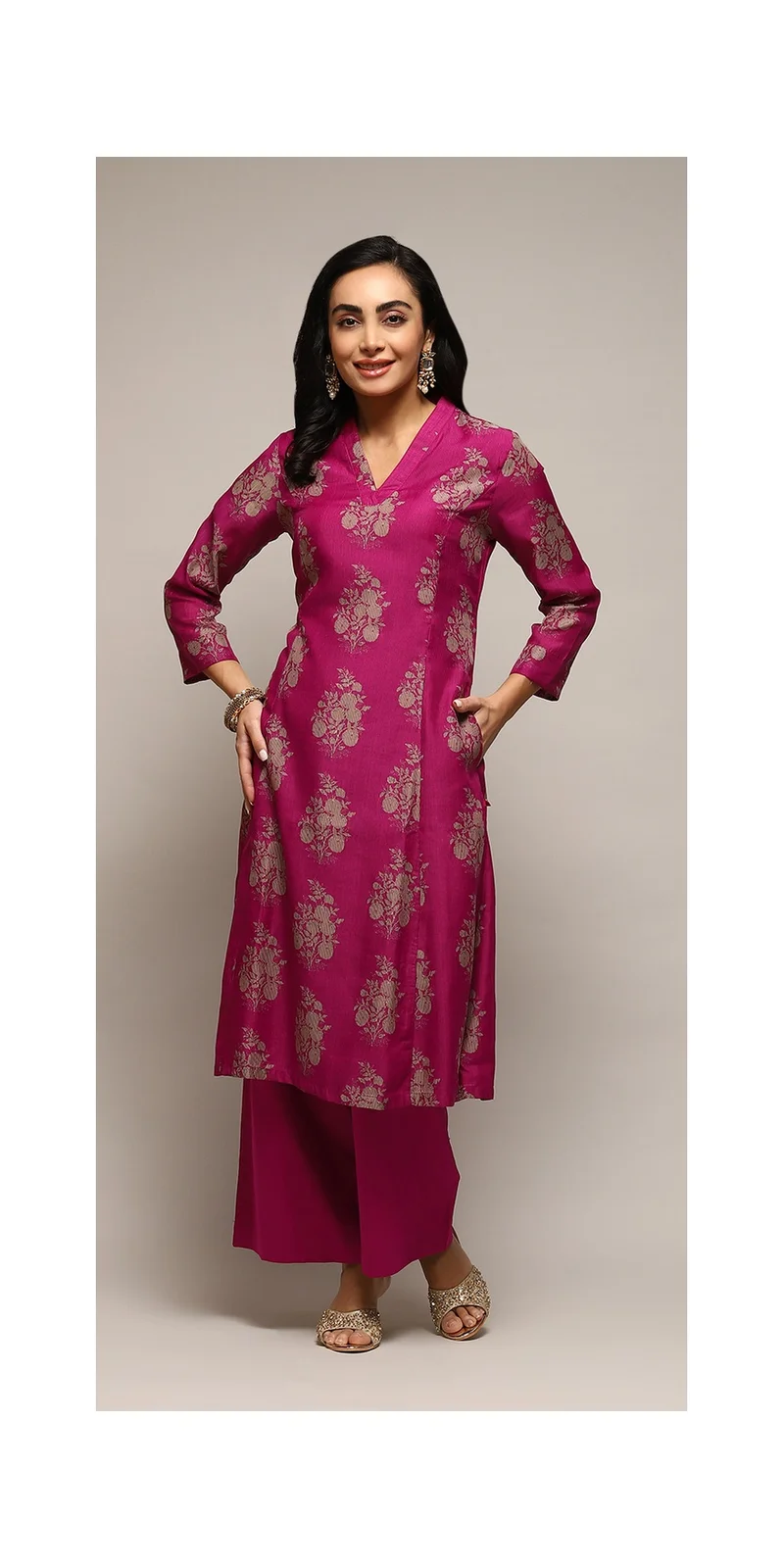 Biba Magenta Cotton Blend A-Line Printed Kurta Palazzo Suit Set