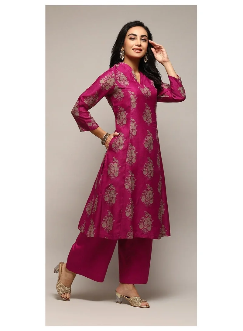 Biba Magenta Magenta Cotton Blend A-Line Printed Kurta Palazzo Suit Set for Women | Best Price UAE