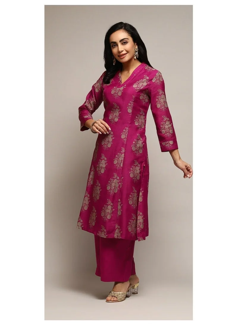 Biba Magenta Cotton Blend A-Line Printed Kurta Palazzo Suit Set