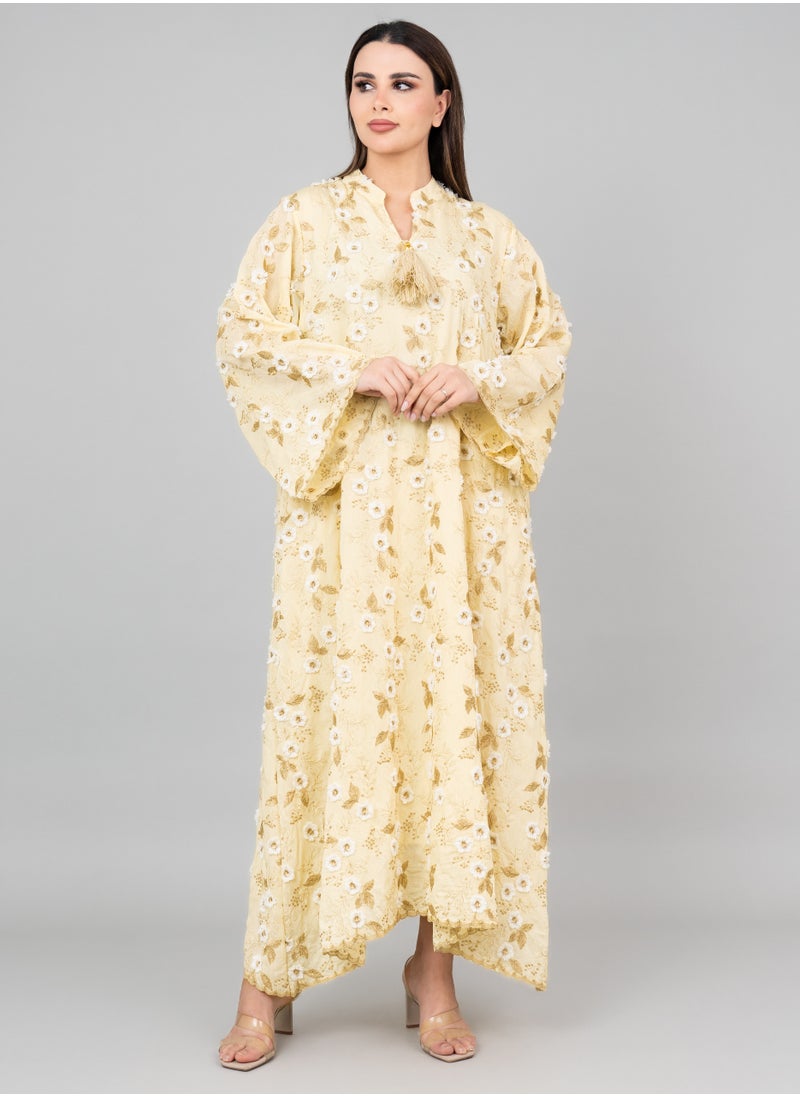 IKKXA Floral Aura Embroidered Jalabiya OMN05 Yellow  - Image 1