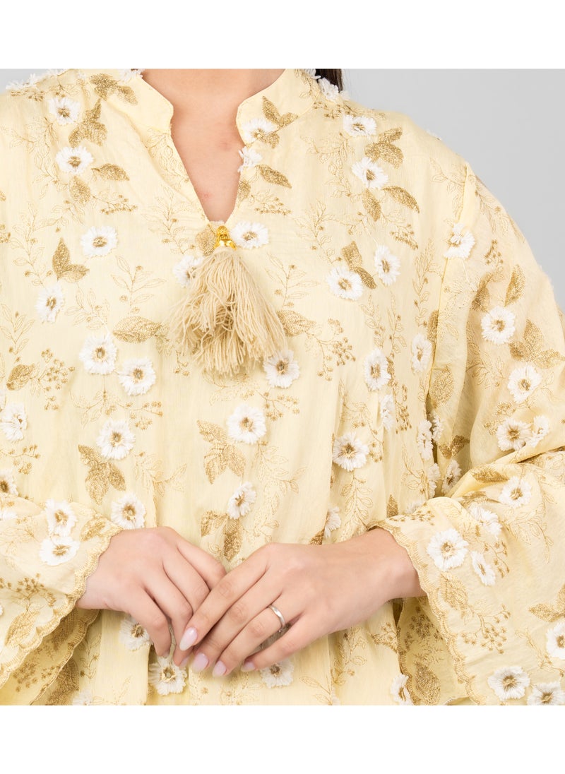 IKKXA Floral Aura Embroidered Jalabiya OMN05 Yellow  - Image 4