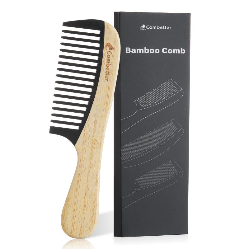 Combetter Bamboo Detangling Comb, Anti Static Comb for Curly, Thick, Think Hair & Beard, Eco-Friendly Durable Bakelite Infused Hair Comb for Women,Men (Wide Tooth with Handle) - Image 1