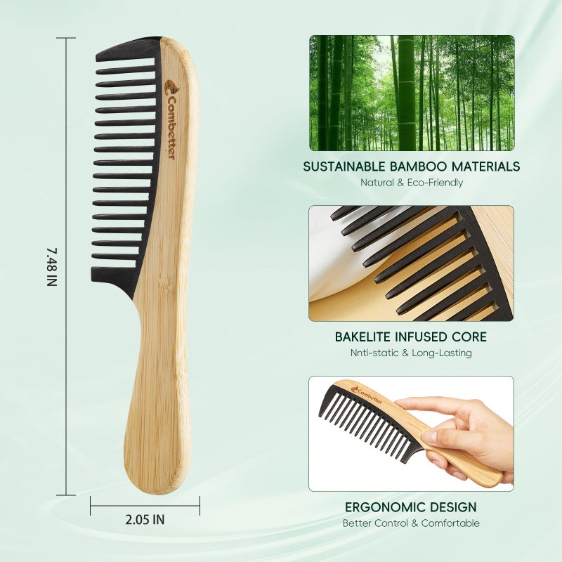 Combetter Bamboo Detangling Comb, Anti Static Comb for Curly, Thick, Think Hair & Beard, Eco-Friendly Durable Bakelite Infused Hair Comb for Women,Men (Wide Tooth with Handle) - Image 2