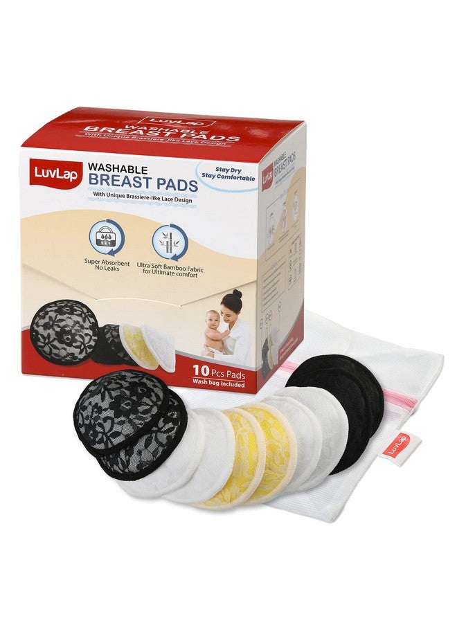 Luvlap LuvLap Natural Bamboo Washable Nursing Breast Pads for Breast feeding mothers, Beautiful Lace Style, Contoured Shape for snug fit, Nipple Pad, Includes Laundry Bag, Super absorption, 10Pc - Image 1