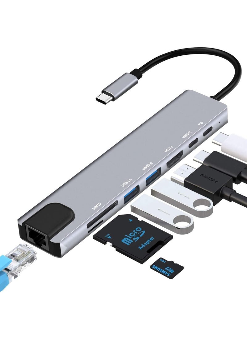 Rock Pow - USB C Hub Ethernet HDMI 4K Adapter 8-in-1 Multiport Dock USB-C to RJ45 Ethernet USB 3.0 SD/TF Card Reader 87W PD Charging Port Dongle Compatible with MacBook Pro/Air and Type C Windows Laptop - Image 1
