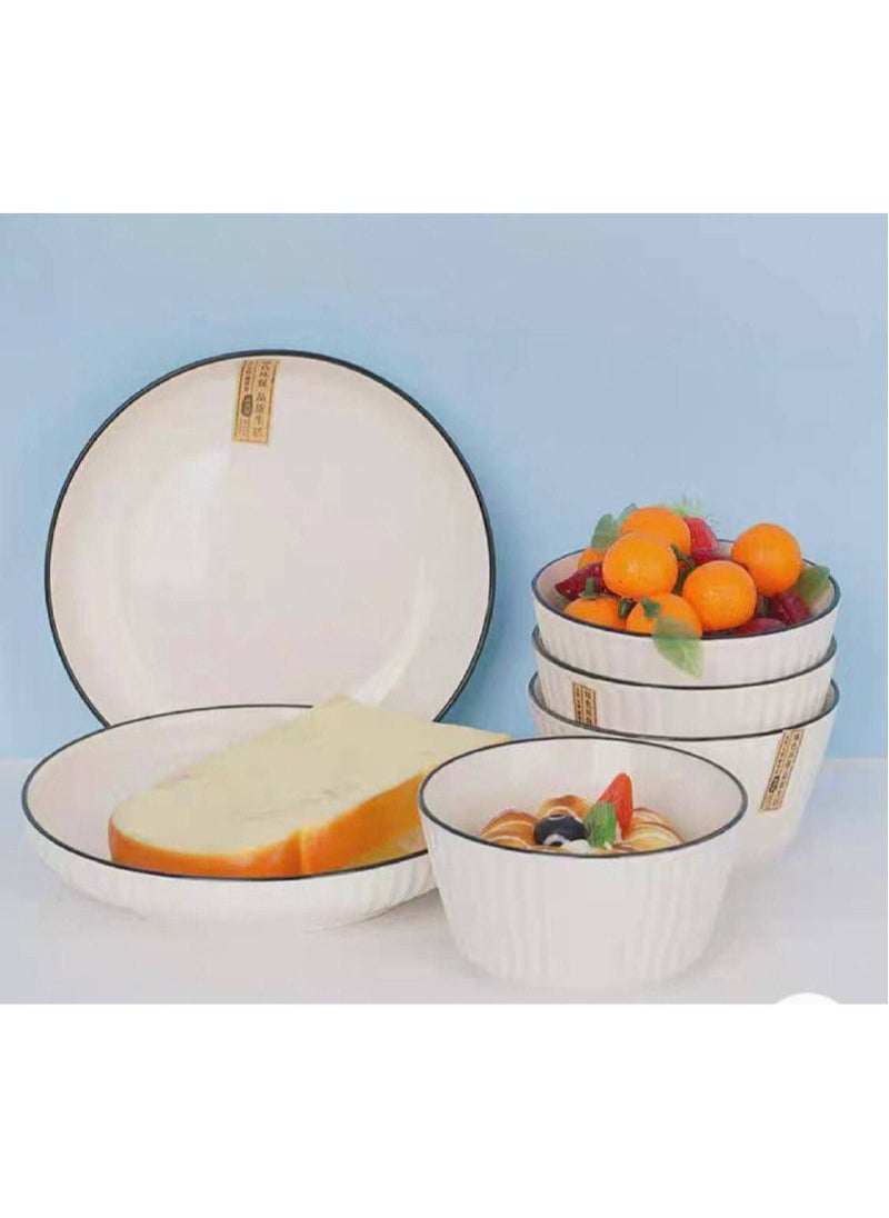 Generic - Porcelain bowl set with a colored frame. The 6-piece set consists of 4 porcelain bowls and 2 large plates. - Image 1