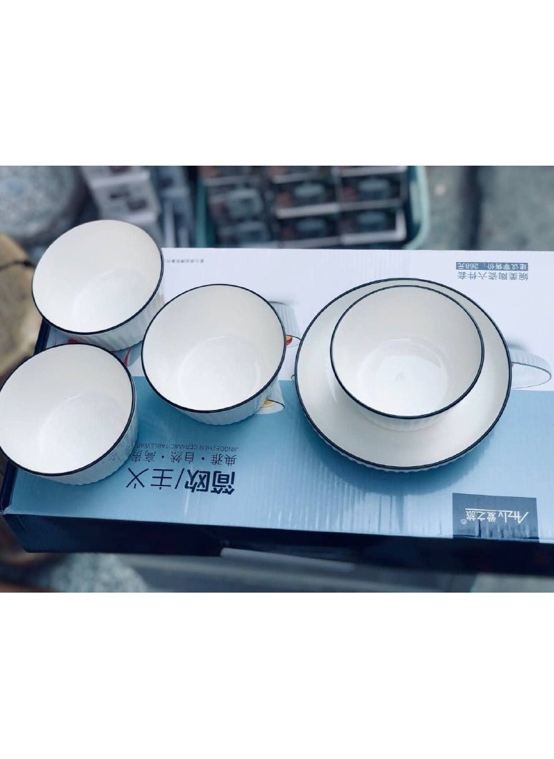 Generic - Porcelain bowl set with a colored frame. The 6-piece set consists of 4 porcelain bowls and 2 large plates. - Image 1