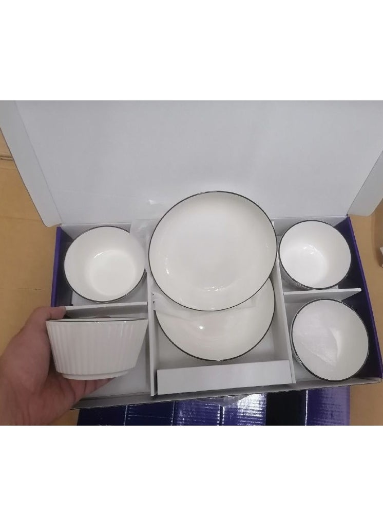 Generic - Porcelain bowl set with a colored frame. The 6-piece set consists of 4 porcelain bowls and 2 large plates. - Image 1