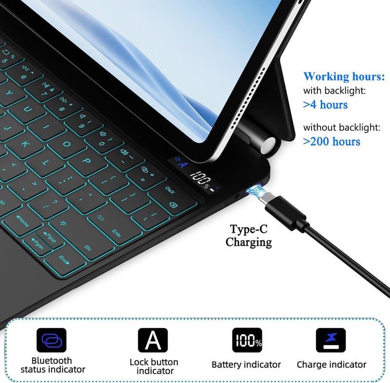 آرترابيت 【عربي إنجليزي】لوحة مفاتيح سحرية لجهاز Samsung Galaxy Tab S10 Lite/S10 FE/S9 FE 10.9" و S11/S9 11"، حافظة لوحة مفاتيح بلوتوث مع حامل عائم مغناطيسي، لوحة لمس متعددة اللمس، إضاءة خلفية بـ 7 أ��وان، أسود - Image 5