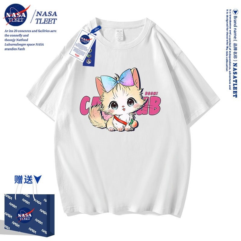 Nasa Co-Branded Cute Kitten Pure Cotton Short-Sleeved New All-Match Crewneck Base Shirt Trendy Brand T-Shirt - Image 3