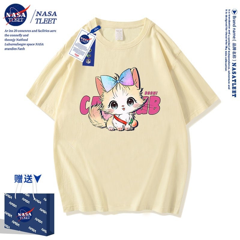 Nasa Co-Branded Cute Kitten Pure Cotton Short-Sleeved New All-Match Crewneck Base Shirt Trendy Brand T-Shirt - Image 5