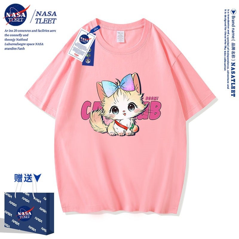 Nasa Co-Branded Cute Kitten Pure Cotton Short-Sleeved New All-Match Crewneck Base Shirt Trendy Brand T-Shirt - Image 2