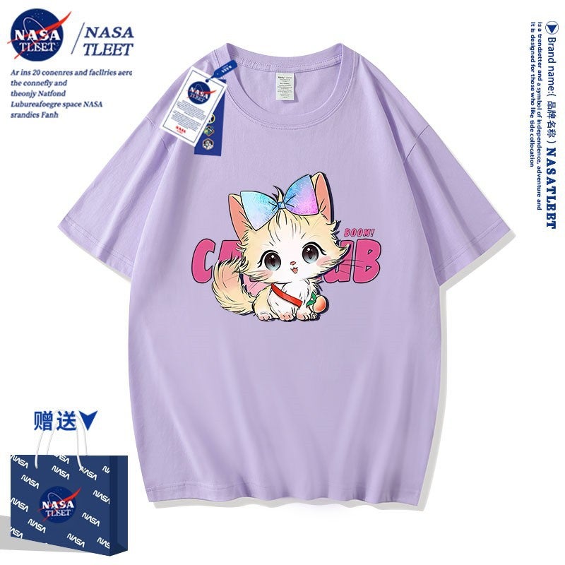 Nasa Co-Branded Cute Kitten Pure Cotton Short-Sleeved New All-Match Crewneck Base Shirt Trendy Brand T-Shirt - Image 4