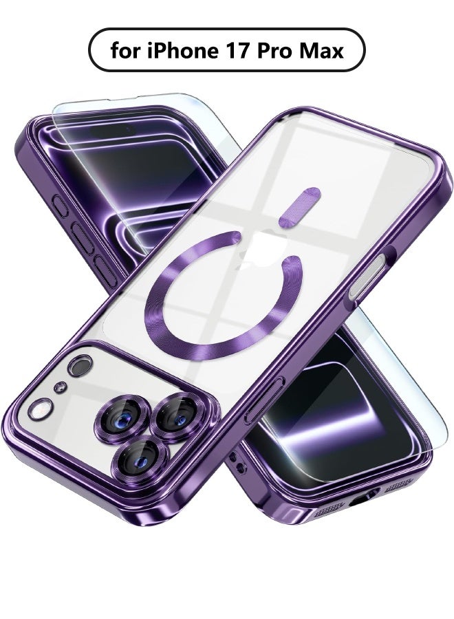 جراب مغناطيسي لهاتف iPhone 17 Pro Max مع واقي شاشة، متوافق مع MagSafe [لا يصفر أبدًا] [حماية من السقوط] واقي كامل لعدسة الكاميرا مع طلاء ناعم وشفاف، جراب هاتف للنساء، أرجواني غامق - Image 1
