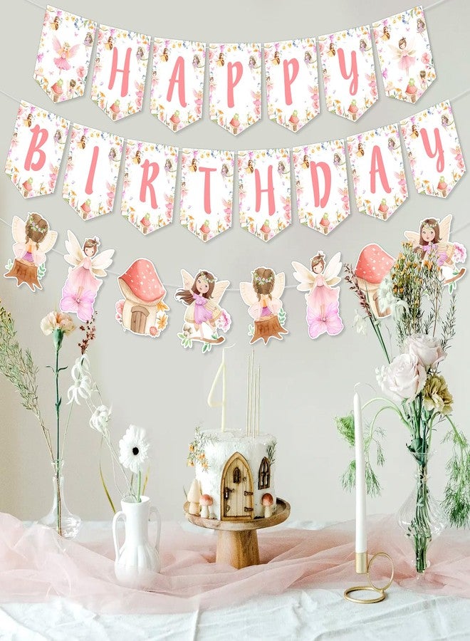 Fangleland Fairy Birthday Banner Decorations for Girls, Fairy Garland Happy Birthday Decors, Fairy Garden Pink Floral Theme Hanging Banners Birthday Party Supplies for 1 2 3 4 5 6 Year Old Girl - Image 2