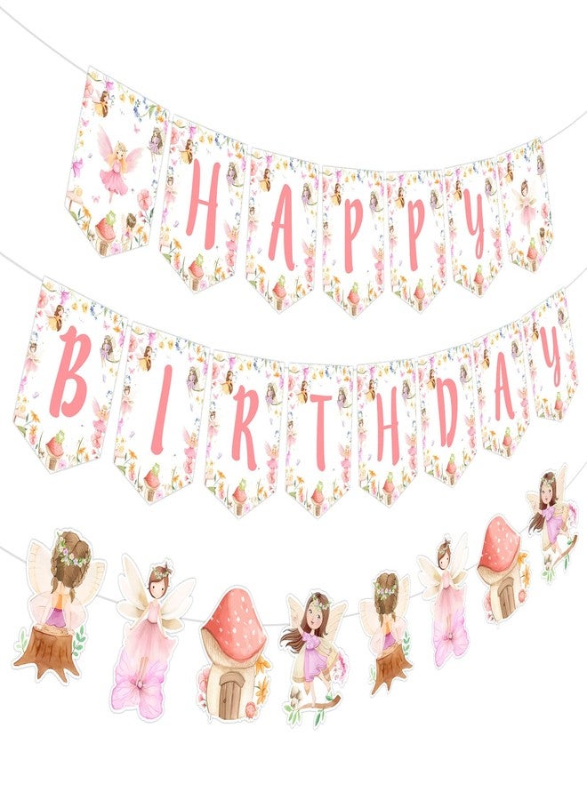 Fangleland Fairy Birthday Banner Decorations for Girls, Fairy Garland Happy Birthday Decors, Fairy Garden Pink Floral Theme Hanging Banners Birthday Party Supplies for 1 2 3 4 5 6 Year Old Girl - Image 5