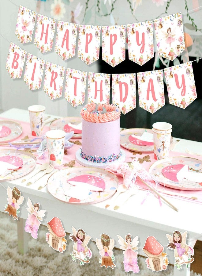 Fangleland Fairy Birthday Banner Decorations for Girls, Fairy Garland Happy Birthday Decors, Fairy Garden Pink Floral Theme Hanging Banners Birthday Party Supplies for 1 2 3 4 5 6 Year Old Girl - Image 4